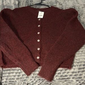 Womens Burgundy Button-Front Knit Cardigan Sweater